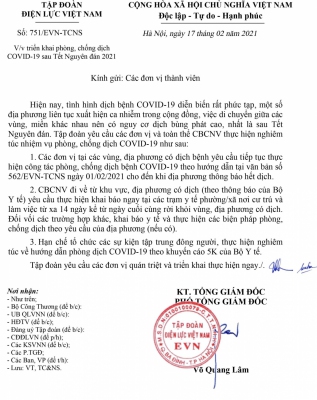 EVN ban hành văn bản triển khai phòng, chống dịch COVID-19 sau Tết Nguyên đán 2021
