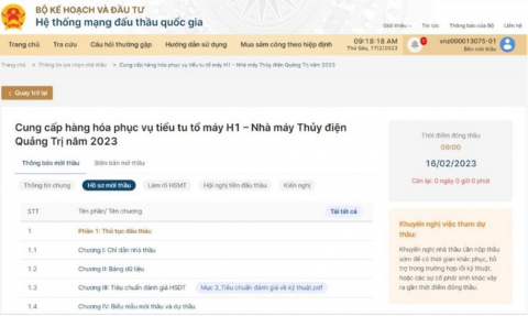 Thông tin về một gói thầu của Công ty Thủy điện Quảng Trị trên hệ thống thống đấu thầu quốc gia